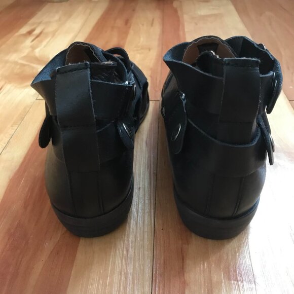 Free People Black Leather Style Nine Ankle Boots Double Buckle Strappy Booties - Picture 7 of 12